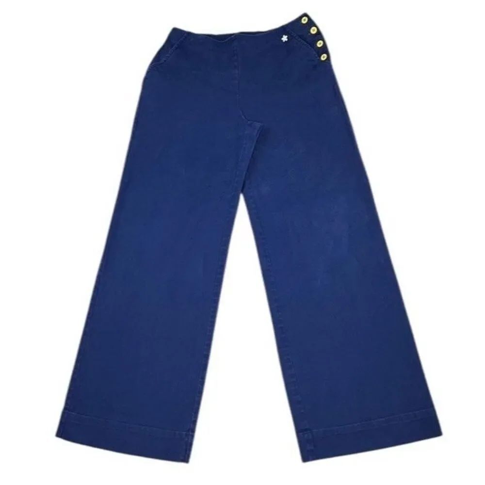 Jeffrey Banks Blue Sailor Wide Leg High Rise Pants Sz Small Nautical Button Side